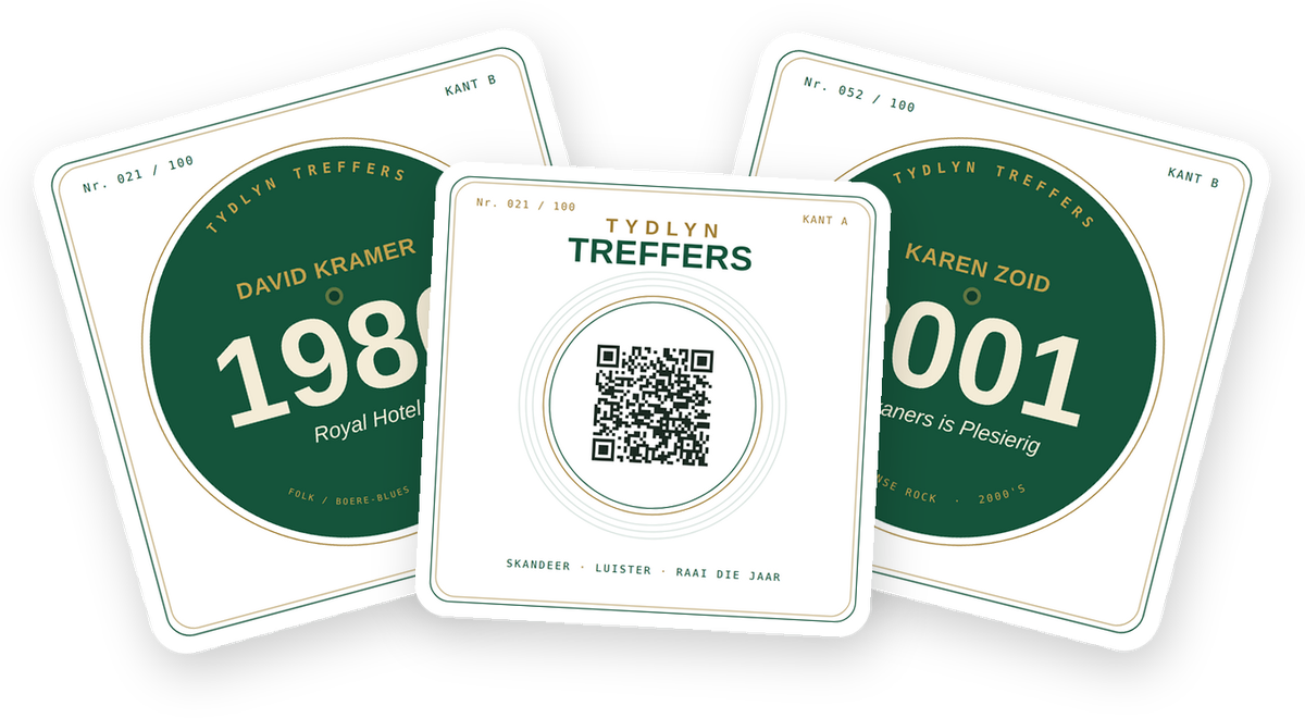 Drie Tydlyn Treffers-kaarte — David Kramer 1980, die QR-kant, en Karen Zoid 2001